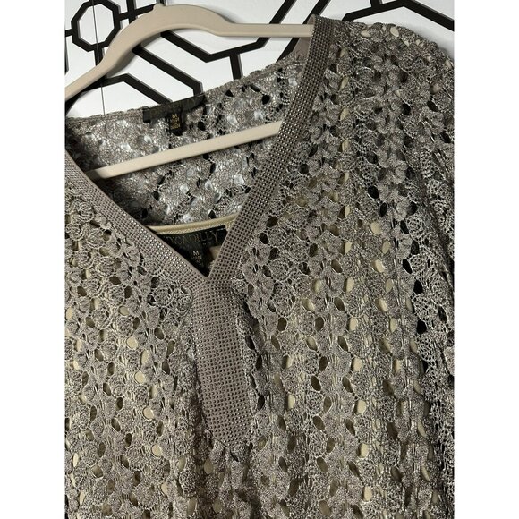 PICADILLY FASHIONS Silver Knit Sweater Top Womens M | Long Sleeve Swim Cover-Up - Picture 7 of 7